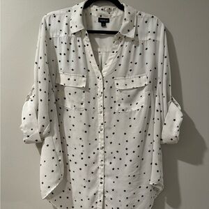 White blouse with black tiny stars. ¾ length button down from Torrid, size 1